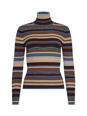 The Olene Turtleneck by L'AGENCE is a long-sleeved, form-fitting sweater with horizontal ribbed stripes in brown, blue, beige, black, and burgundy.