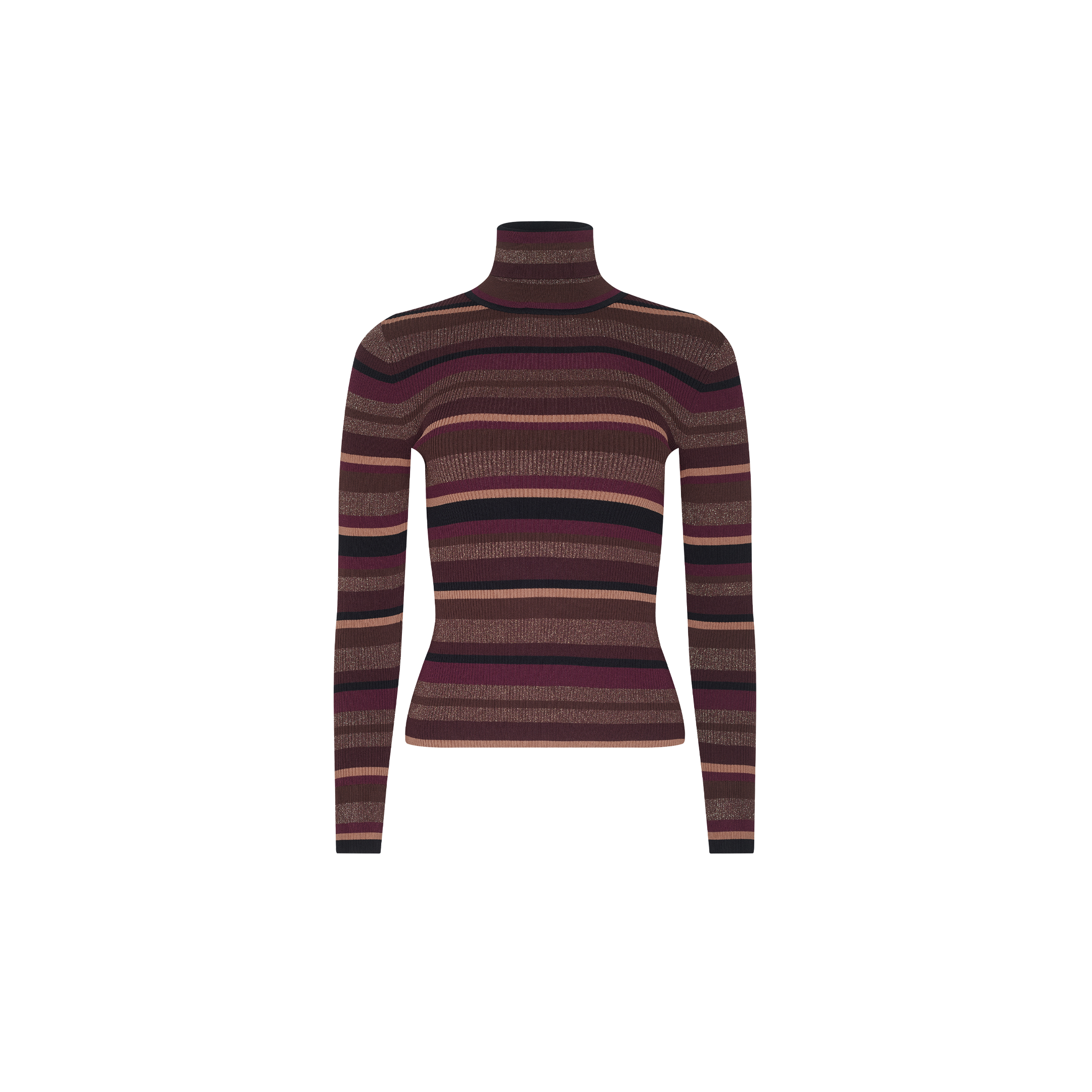 The Olene Striped Turtleneck is a long-sleeve sweater featuring horizontal brown, burgundy, and black stripes, crafted from ribbed knit for a cozy fall look. Shown on a white background.