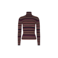 The Olene Striped Turtleneck is a long-sleeve sweater featuring horizontal brown, burgundy, and black stripes, crafted from ribbed knit for a cozy fall look. Shown on a white background.