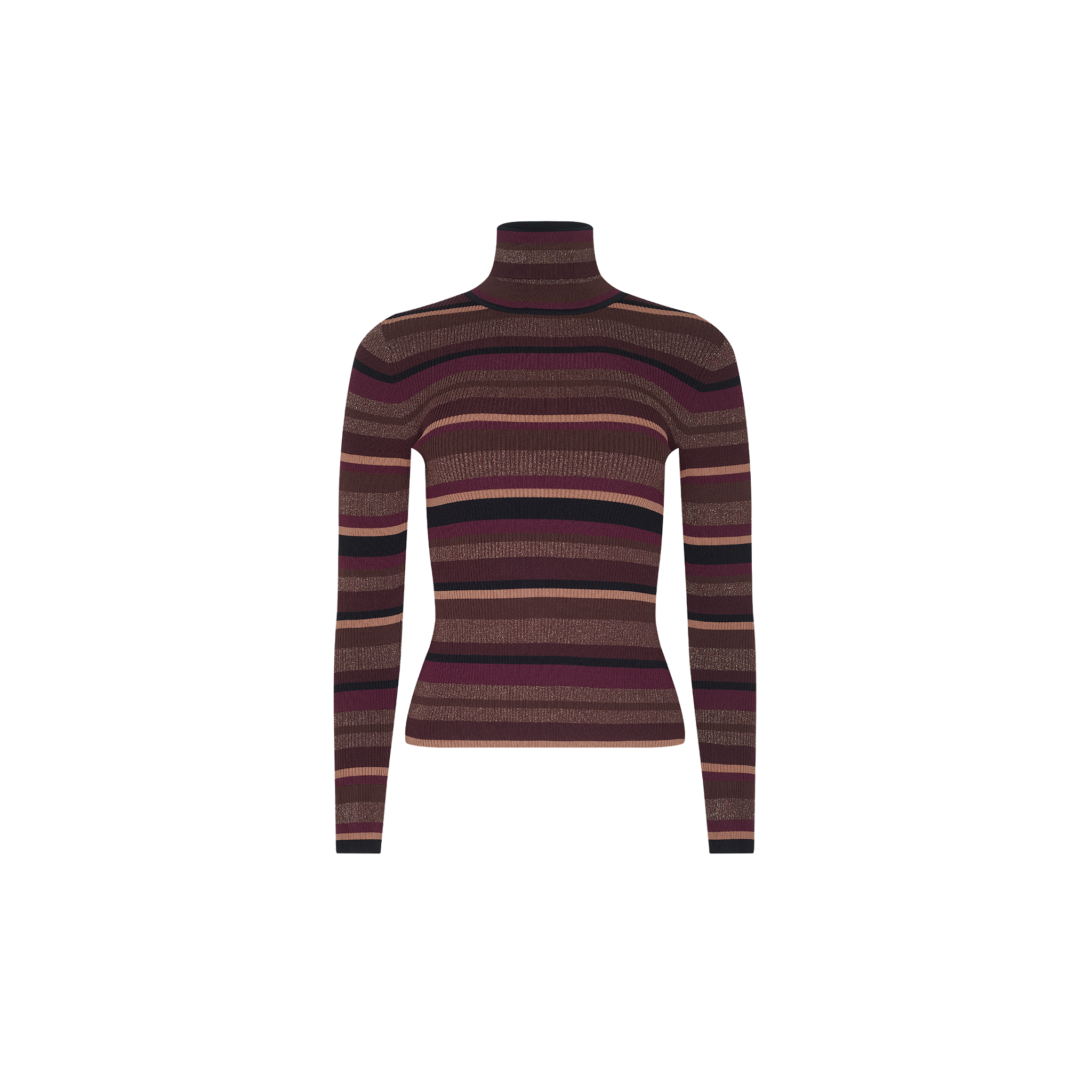 The Olene Striped Turtleneck is a long-sleeve sweater featuring horizontal brown, burgundy, and black stripes, crafted from ribbed knit for a cozy fall look. Shown on a white background.