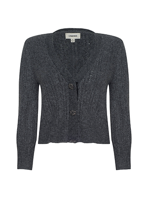 Dark gray long-sleeve V-neck Talulla Cardigan by L’AGENCE features a textured ribbed knit, three jeweled front buttons, and visible brand label inside the neckline.