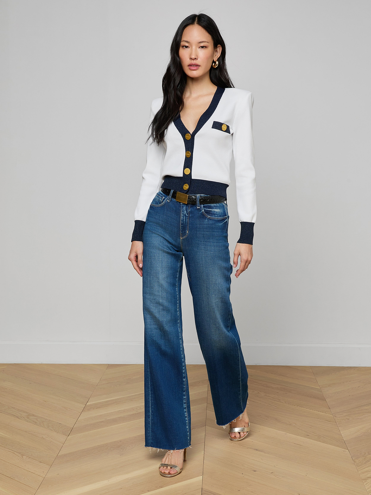 Taya Cardigan in White/Midnight | L'AGENCE