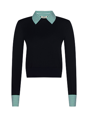The April Poplin Collar Pullover is a black featherweight knit long-sleeve sweater featuring a green-and-white striped poplin collar and matching cuffs, shown on a white background.
