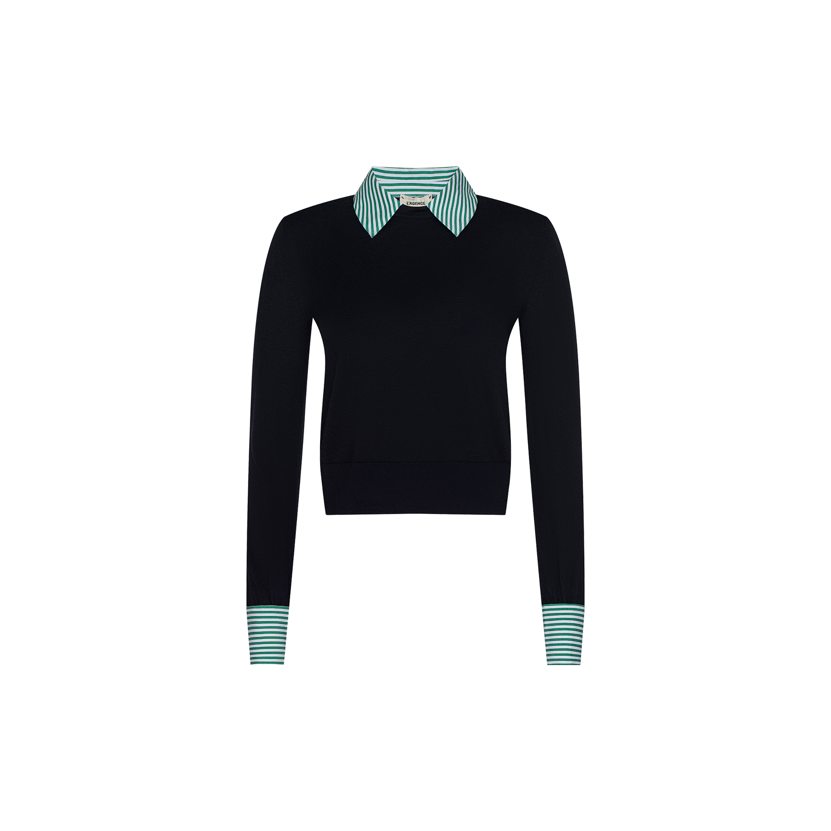 April Poplin Collar Pullover in black, featuring a fitted silhouette in featherweight knit, accented with a green and white striped poplin collar and matching striped cuffs, displayed on a plain white background.