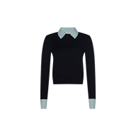 April Poplin Collar Pullover in black, featuring a fitted silhouette in featherweight knit, accented with a green and white striped poplin collar and matching striped cuffs, displayed on a plain white background.