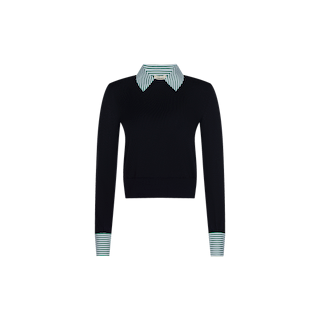 April Poplin Collar Pullover in black, featuring a fitted silhouette in featherweight knit, accented with a green and white striped poplin collar and matching striped cuffs, displayed on a plain white background.