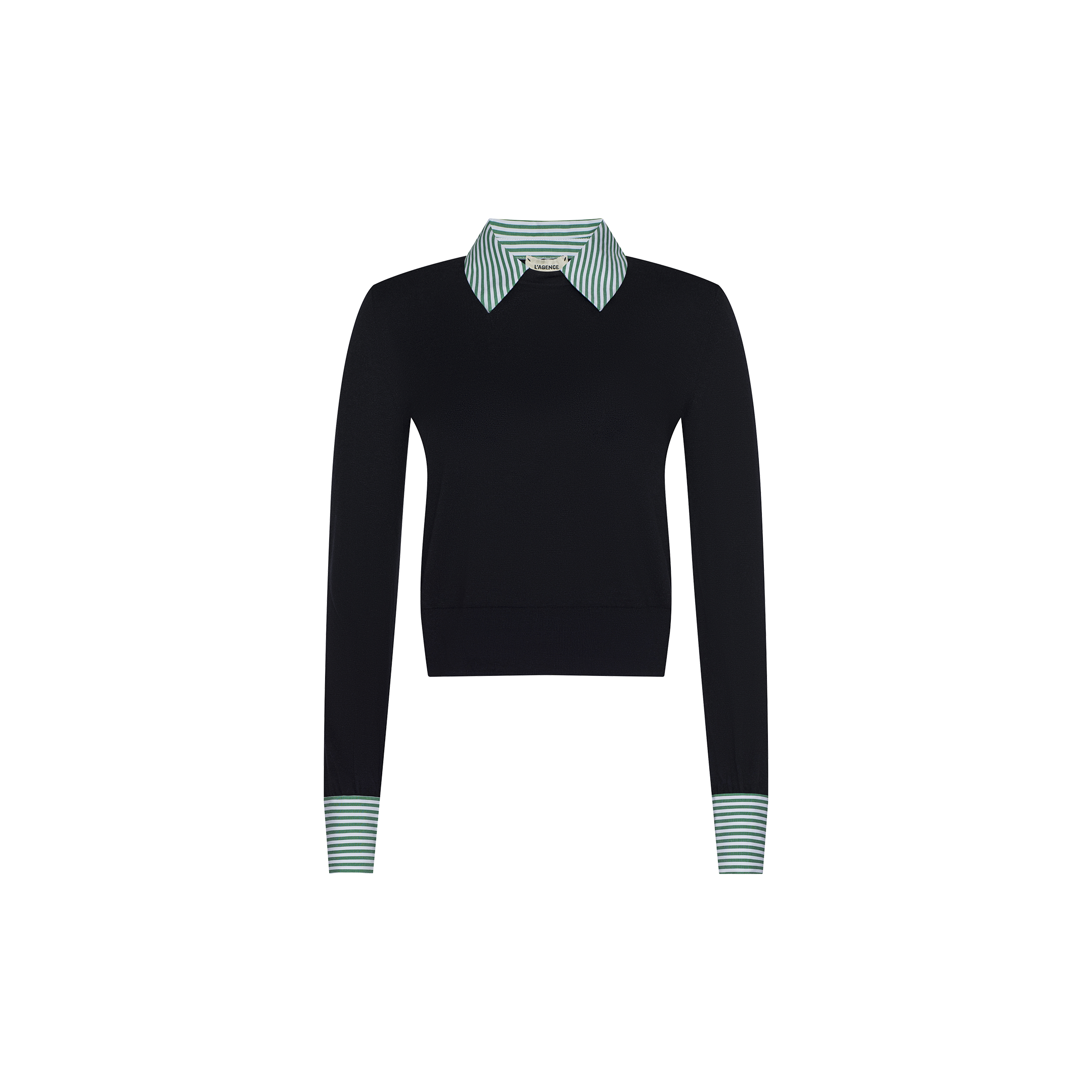 April Poplin Collar Pullover in black, featuring a fitted silhouette in featherweight knit, accented with a green and white striped poplin collar and matching striped cuffs, displayed on a plain white background.