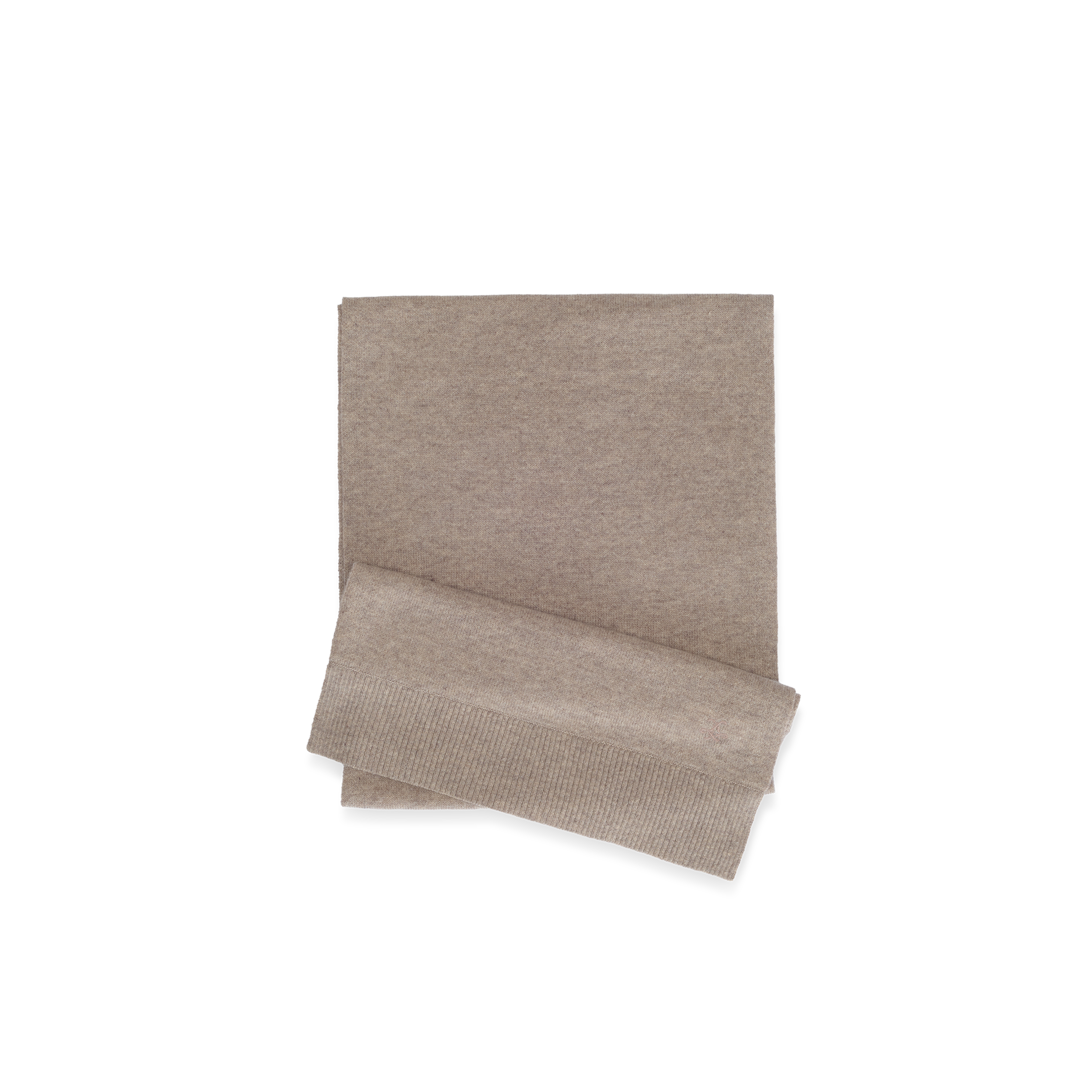 Folded pebbled tan Palais Cashmere Scarf with a ribbed hem.