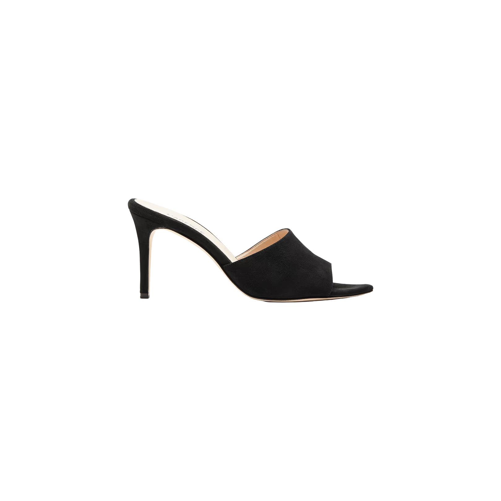 The Lolita Suede Open-Toe Mule is a black suede high-heeled shoe with a sleek stiletto heel, elegantly displayed in profile against a white background.