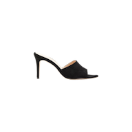 The Lolita Suede Open-Toe Mule is a black suede mule with a high heel, an open toe, and a single wide strap across the front. It features a comfortable memory foam insole and is shown from the side on a plain white background.