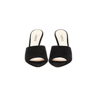 A pair of Lolita Suede Open-Toe Mule black slip-on heeled sandals with pointed toes and beige memory foam insoles, shown from above on a white background.