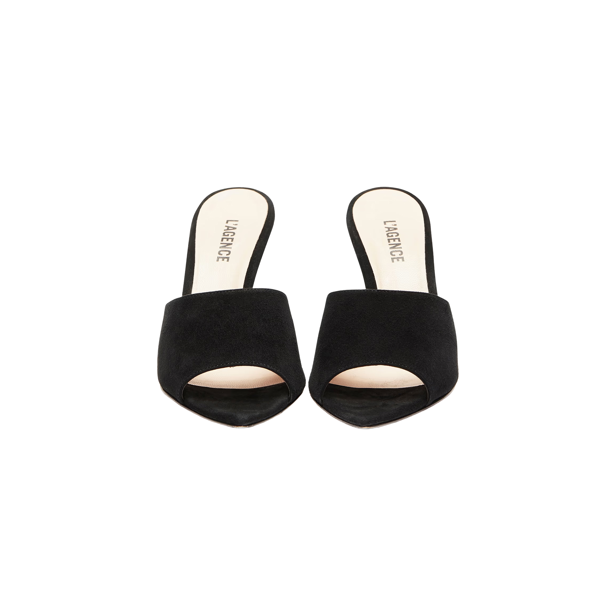 A pair of Lolita Suede Open-Toe Mule black slip-on heeled sandals with pointed toes and beige memory foam insoles, shown from above on a white background.