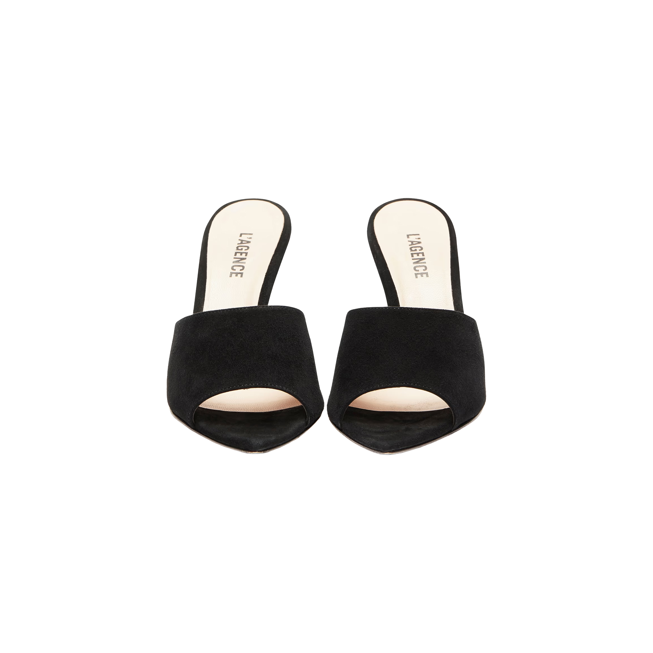 A pair of Lolita Suede Open-Toe Mule black slip-on heeled sandals with pointed toes and beige memory foam insoles, shown from above on a white background.