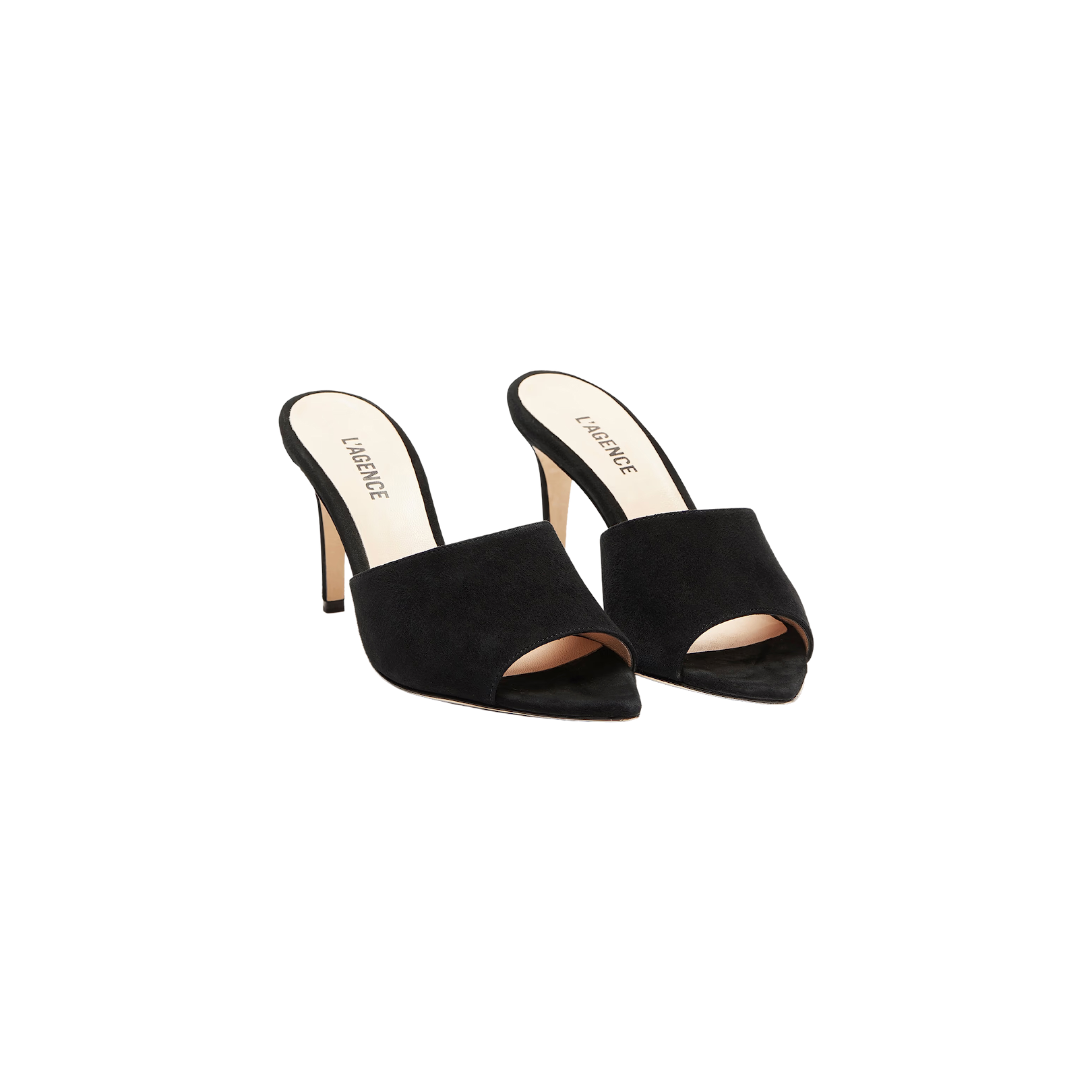 A pair of Lolita Suede Open-Toe Mules for women, featuring a high heel and open-toe slip-on design in luxurious black suede, reminiscent of a classic L’AGENCE mule, displayed on a white background.