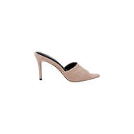 The Lolita Suede Open-Toe Mule in beige cappuccino suede features a pointed toe, an open back, and a slender stiletto heel, shown in profile against a plain white background.