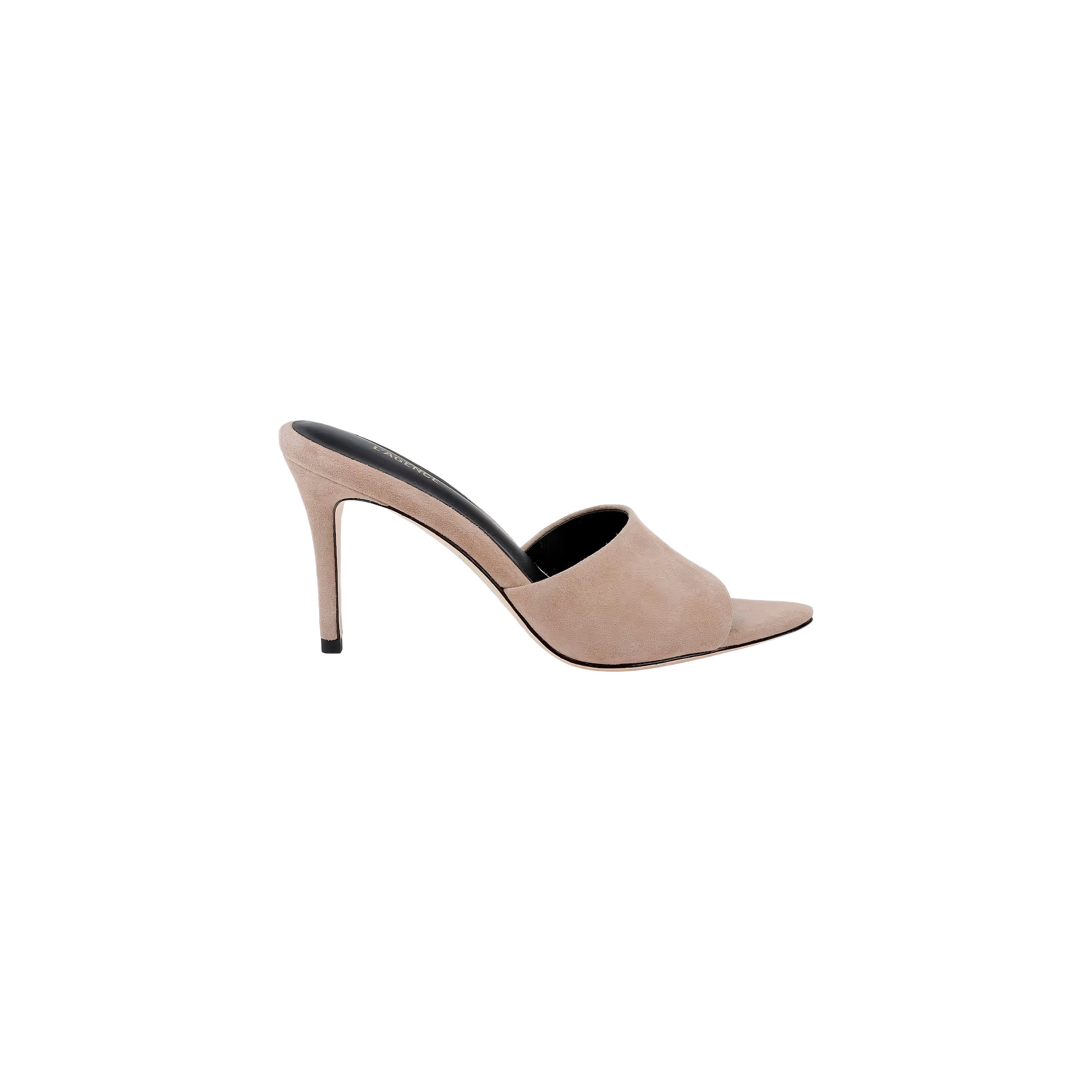 The Lolita Suede Open-Toe Mule in beige cappuccino suede features a pointed toe, an open back, and a slender stiletto heel, shown in profile against a plain white background.