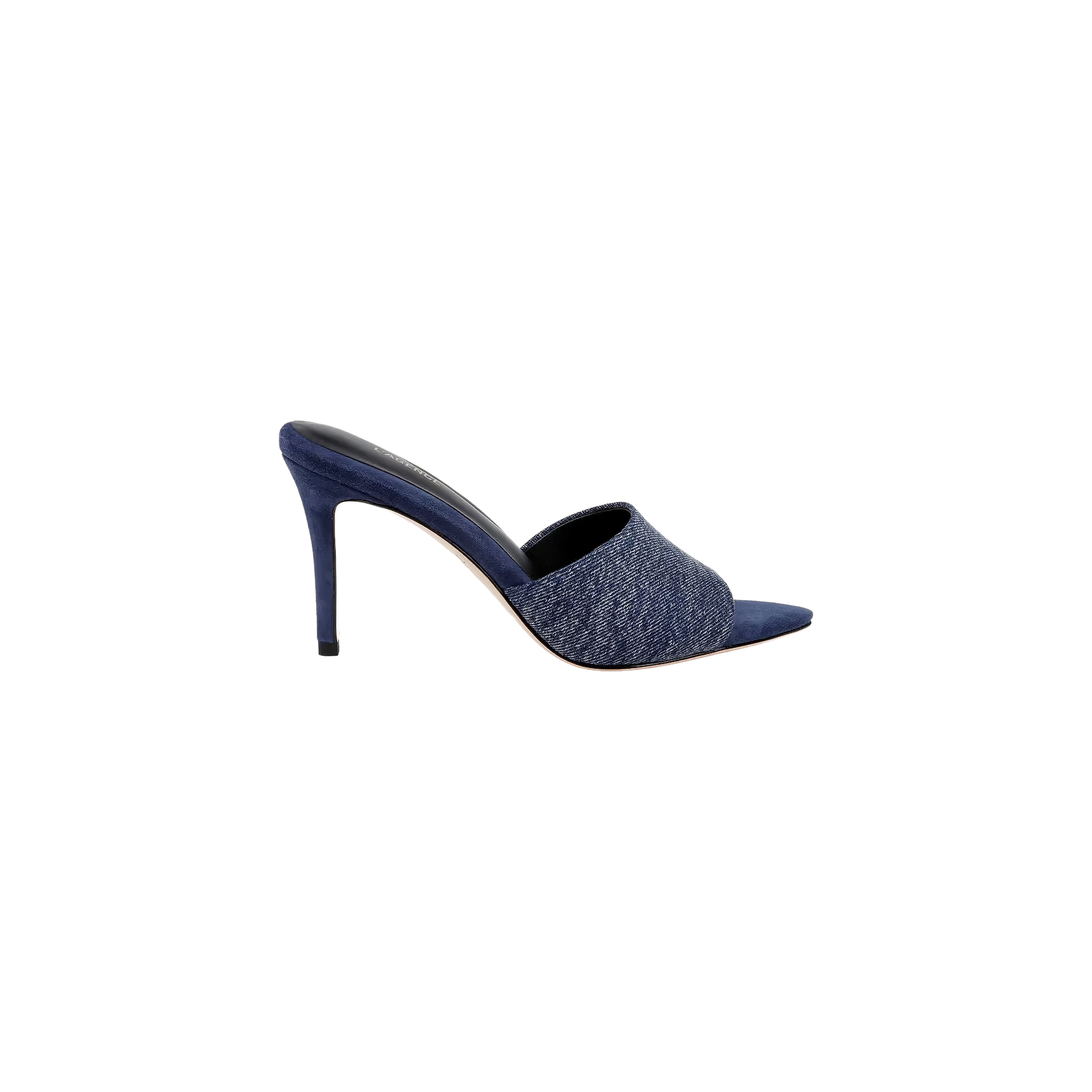 Lolita Denim Open-Toe Mule featuring a single wide denim upper strap and slender heel, shown on a plain white background.