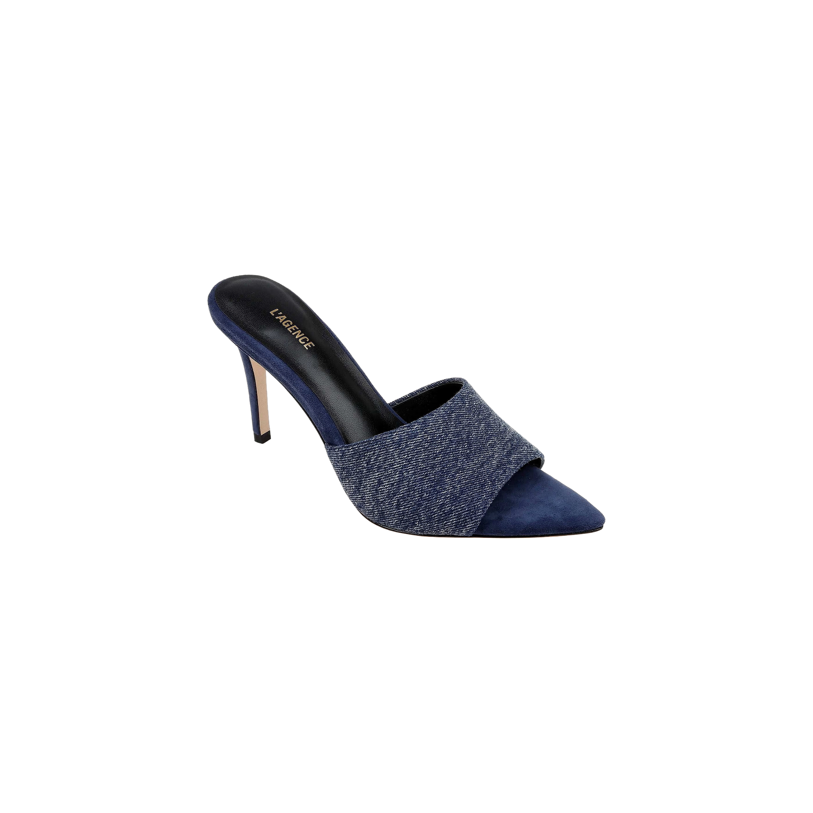Introducing the Lolita Denim Open-Toe Mule—a blue high-heeled mule with a wide denim upper across the top, an open toe, thin heel, and black insole, presented on a plain white background.