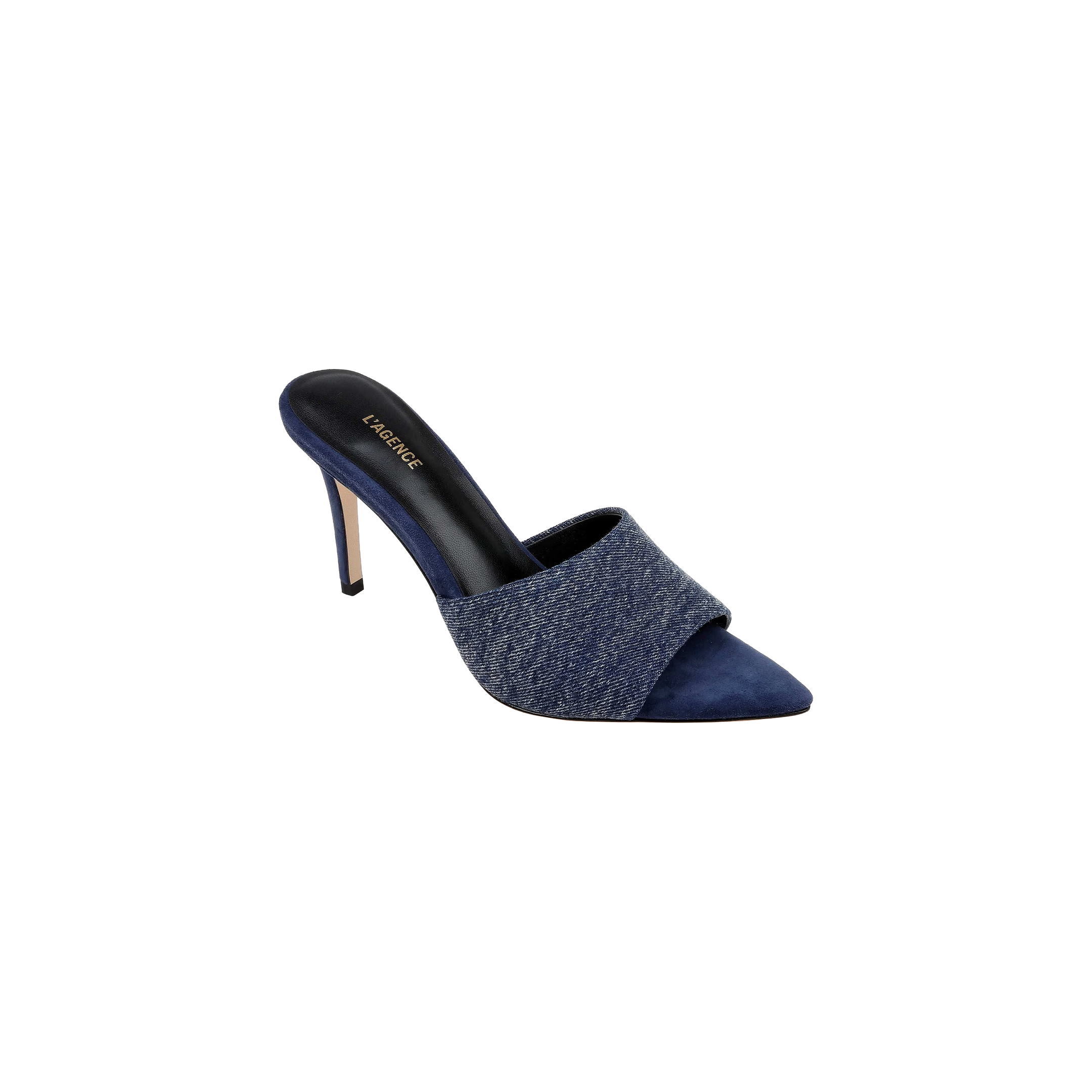 Introducing the Lolita Denim Open-Toe Mule—a blue high-heeled mule with a wide denim upper across the top, an open toe, thin heel, and black insole, presented on a plain white background.