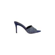 The Lolita Denim Open-Toe Mule is a blue peep-toe sandal featuring a wide denim upper strap across the front, shown against a plain white background.