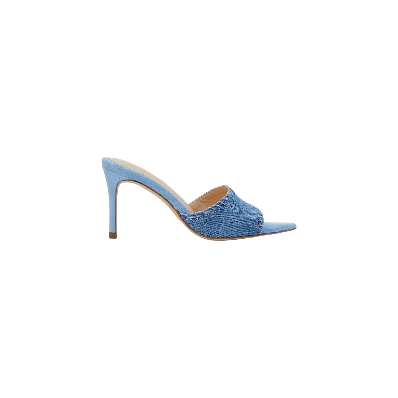 The Lolita Denim Open-Toe Mule is a light blue high-heeled shoe with a thin stiletto heel, featuring a soft denim upper and an open toe design, displayed on a plain white background.