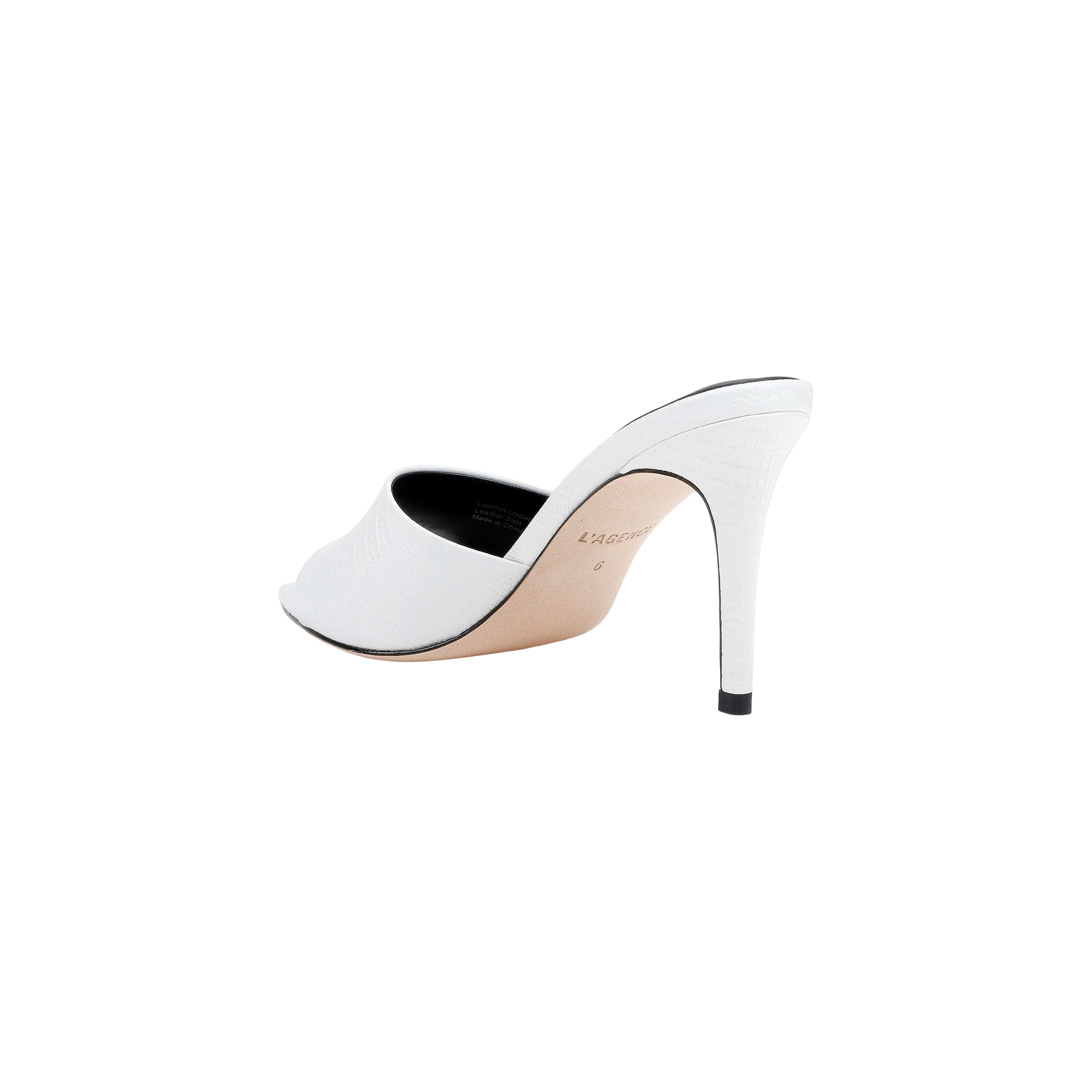 The Lolita Leather Open-Toe Mule features a white, high heel and textured lizard-embossed leather upper with a beige sole, shown from the back and side against a plain white background.