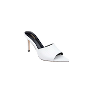The Lolita Leather Open-Toe Mule, a single white leather style with a slim stiletto heel, is displayed against a plain light background.