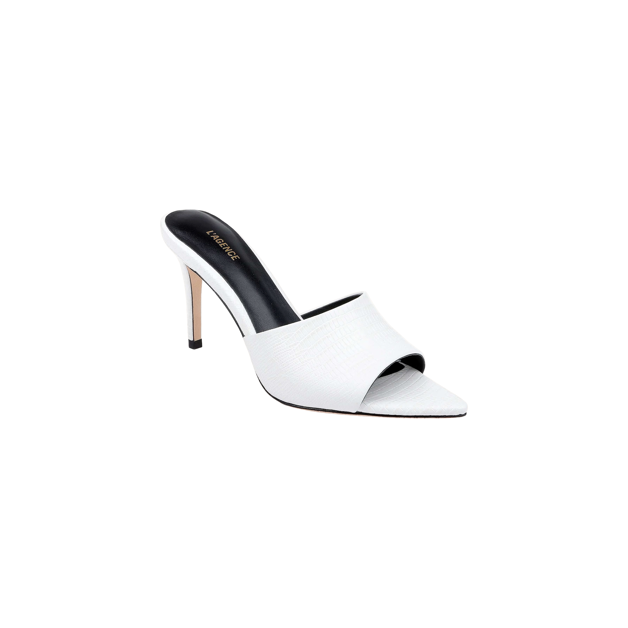 The Lolita Leather Open-Toe Mule, a single white leather style with a slim stiletto heel, is displayed against a plain light background.