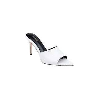 The Lolita Leather Open-Toe Mule, crafted in white leather with a textured upper, showcases minimalist style through its high stiletto heel, sleek black insole, and open-toe silhouette—presented against a simple light background.