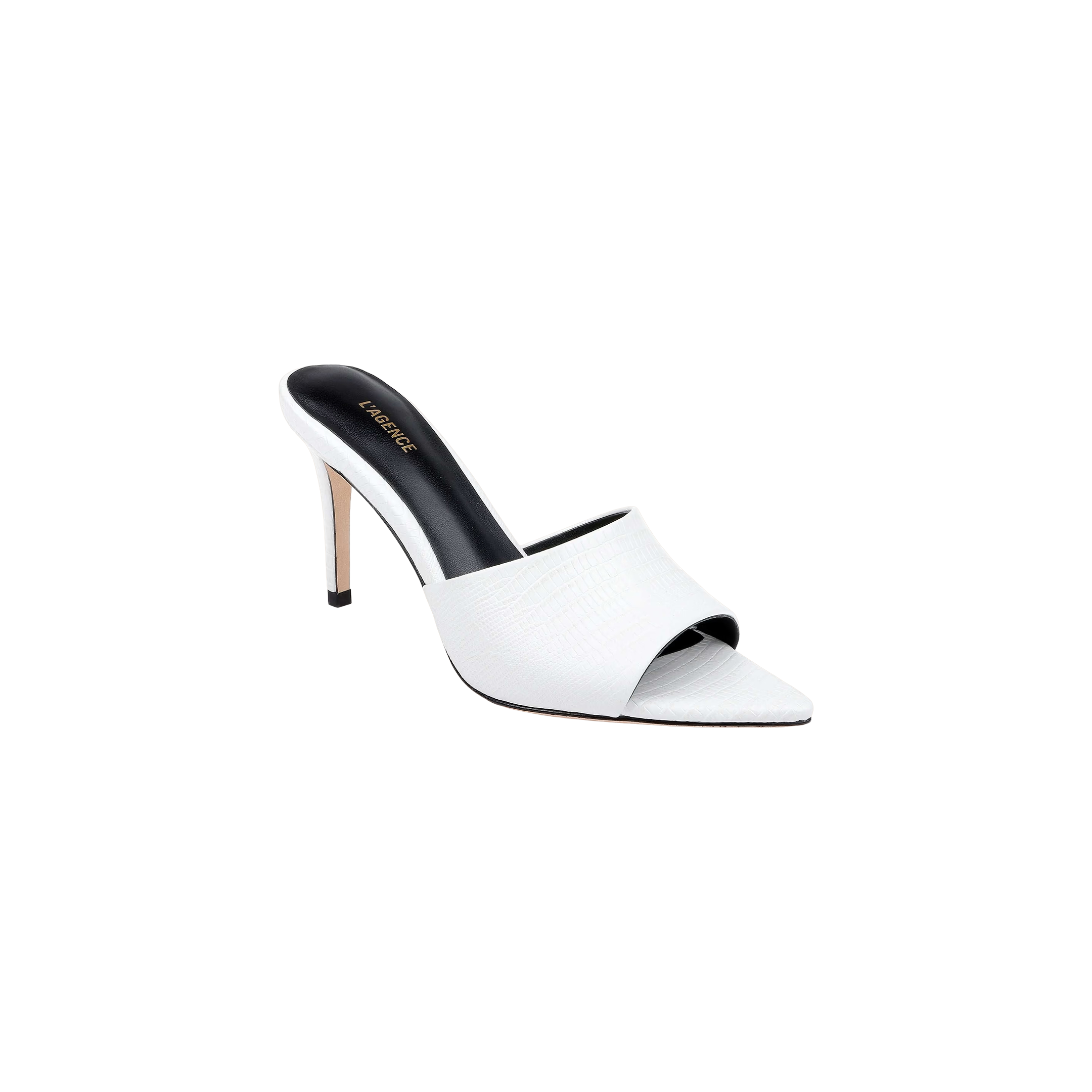 The Lolita Leather Open-Toe Mule, a single white leather style with a slim stiletto heel, is displayed against a plain light background.