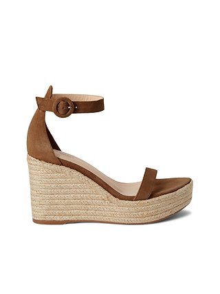 The Elysee Platform Sandal is a brown suede wedge with an adjustable ankle strap and buckle, featuring a high braided rope platform heel in the classic espadrille style, displayed in side profile on a white background.