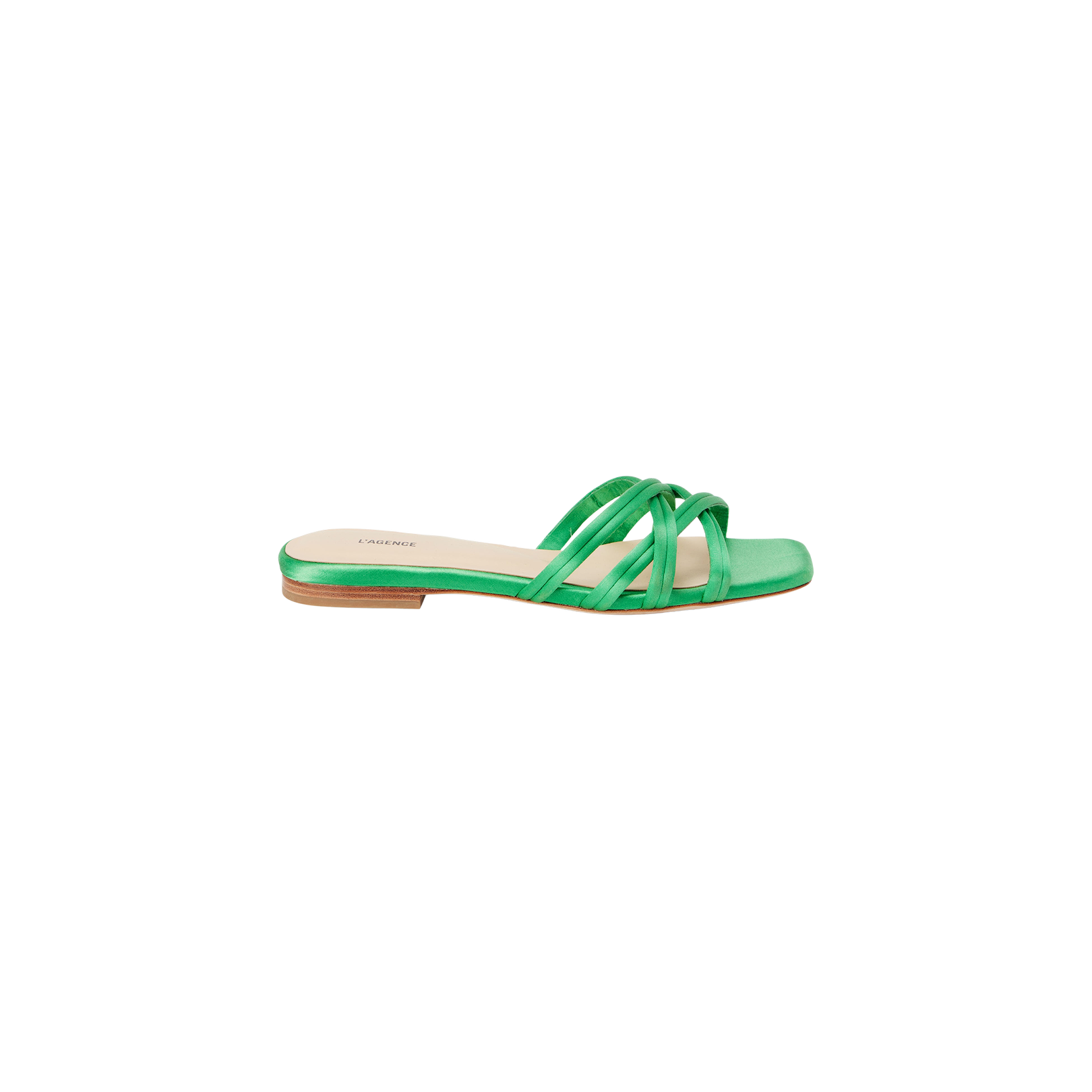 The Abelle Satin Flat Sandal features a green satin design with a flat brown sole, an open square toe, and four crisscrossing straps across the foot. Displayed on a white background, this chic slip-on flat sandal effortlessly combines comfort and style for everyday wear.