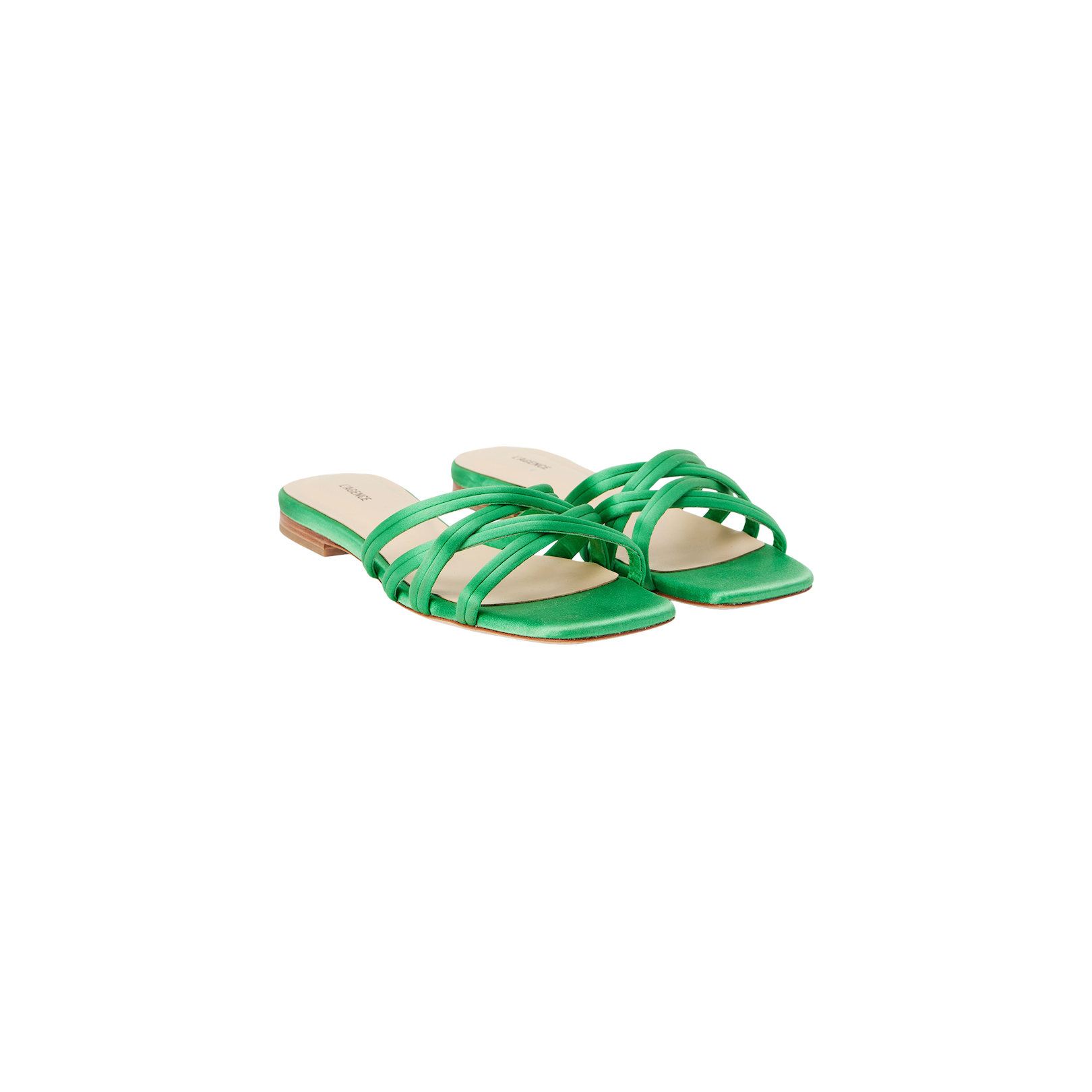The Abelle Satin Flat Sandal is a pair of green satin sandals featuring a flat sole, square toe, multiple thin crisscrossed straps, and tan insoles, shown against a white background.