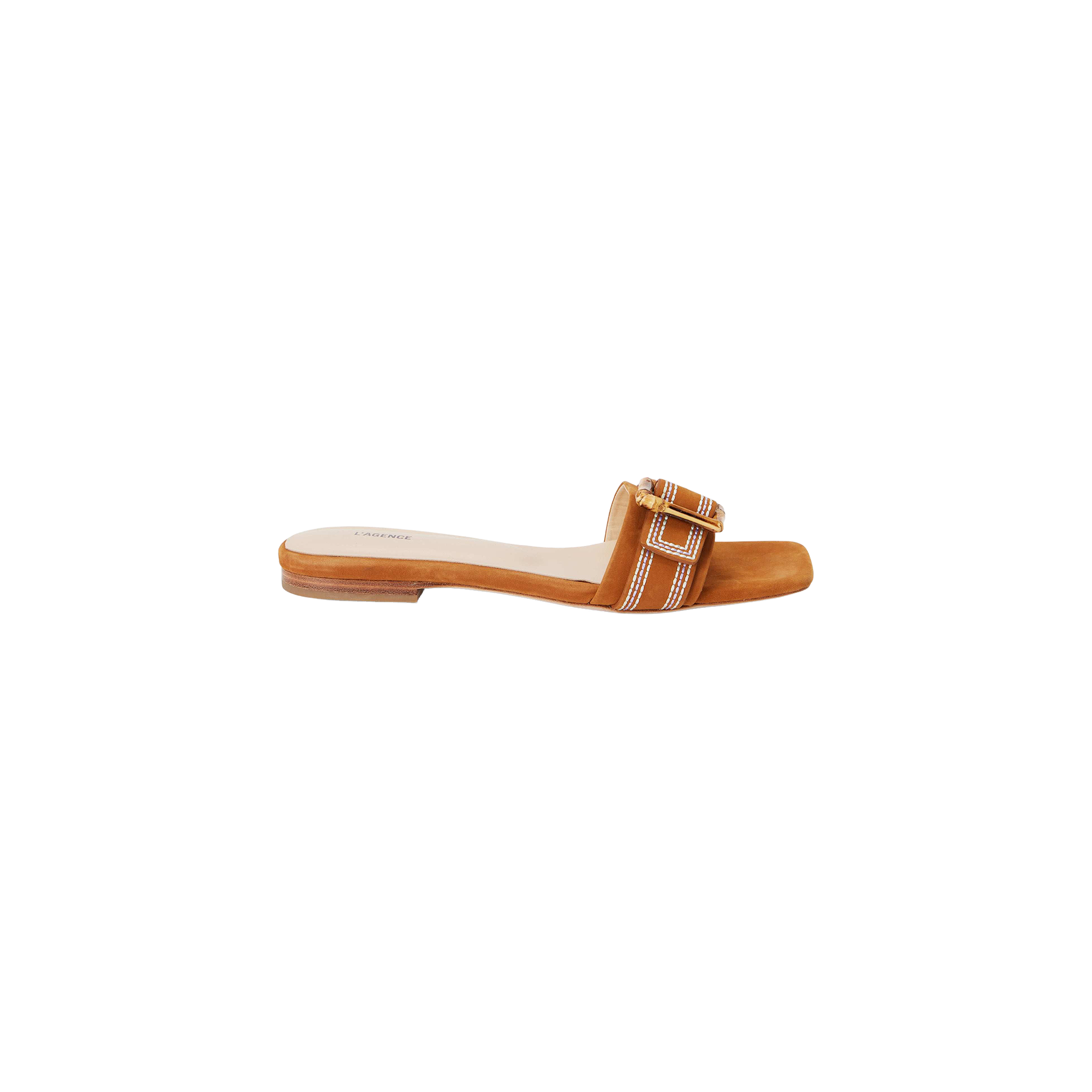Introducing the Aurelie Buckle Sandal: a brown, square-toed sandal featuring a single wide strap adorned with white and brown stripes and accented by a decorative bamboo buckle, displayed against a plain white background.