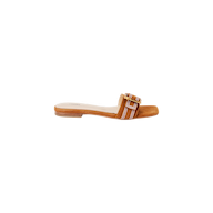 The Aurelie Buckle Sandal features a square toe, a tan sole, and a wide rust-colored plaid strap adorned with a large gold bamboo buckle across the top.