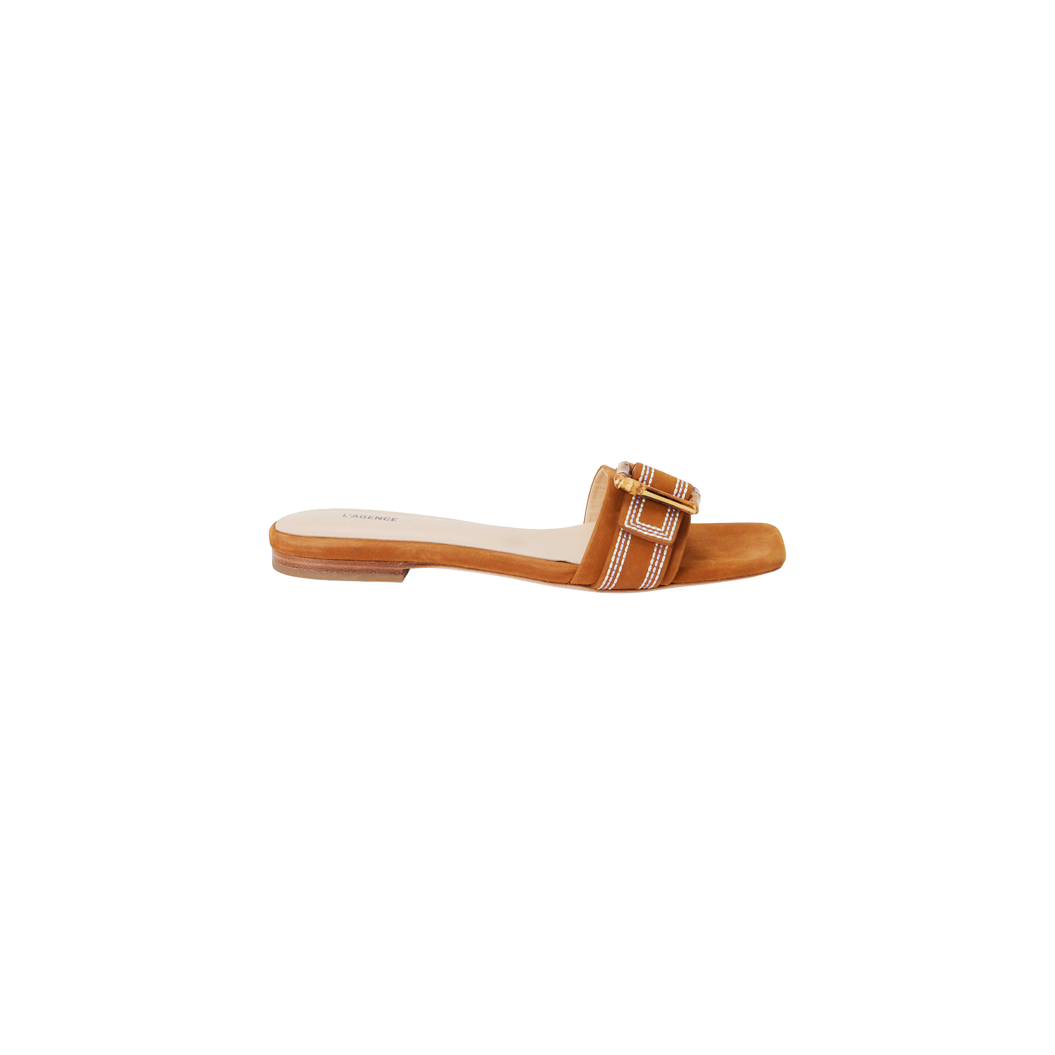 The Aurelie Buckle Sandal features a square toe, a tan sole, and a wide rust-colored plaid strap adorned with a large gold bamboo buckle across the top.