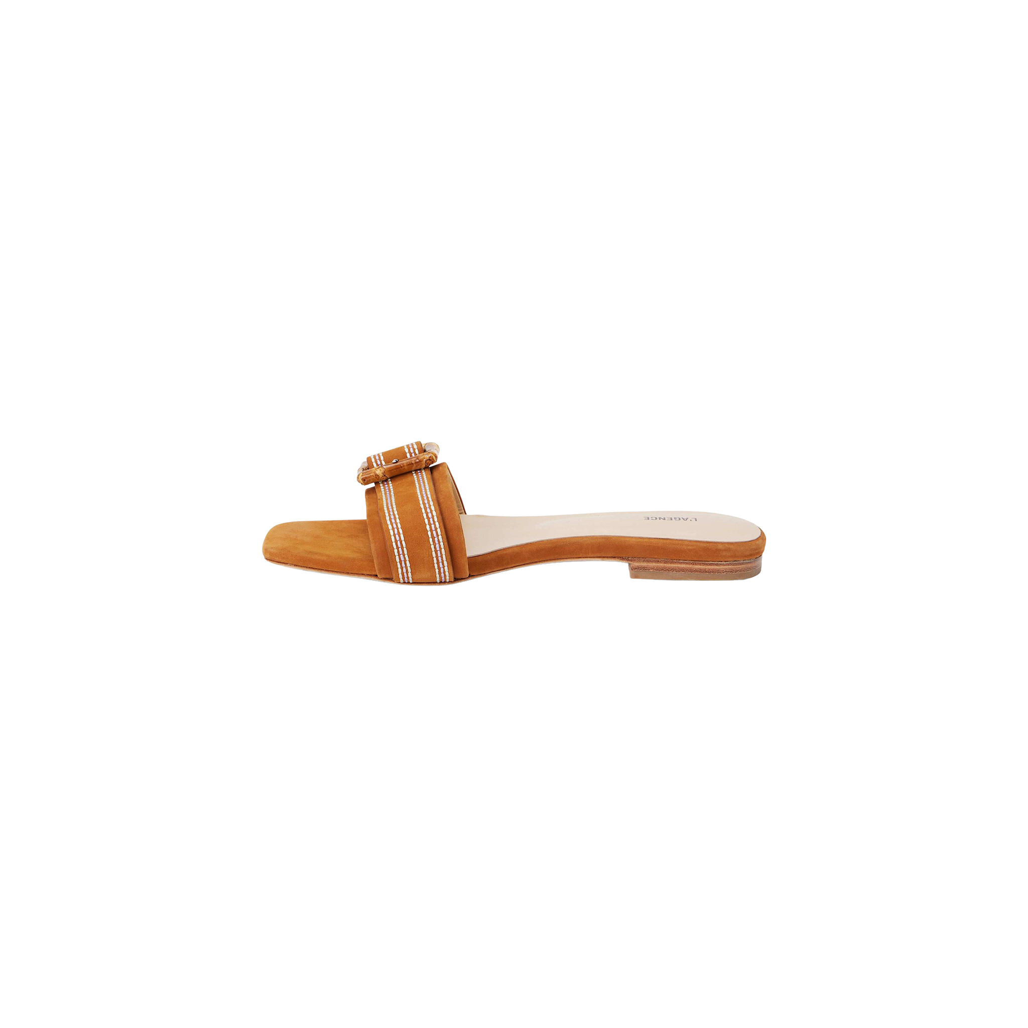 The Aurelie Buckle Sandal is a square-toed sandal with a tan sole, showcasing a wide orange strap accented by white stripes and finished with a bamboo buckle detail across the foot.