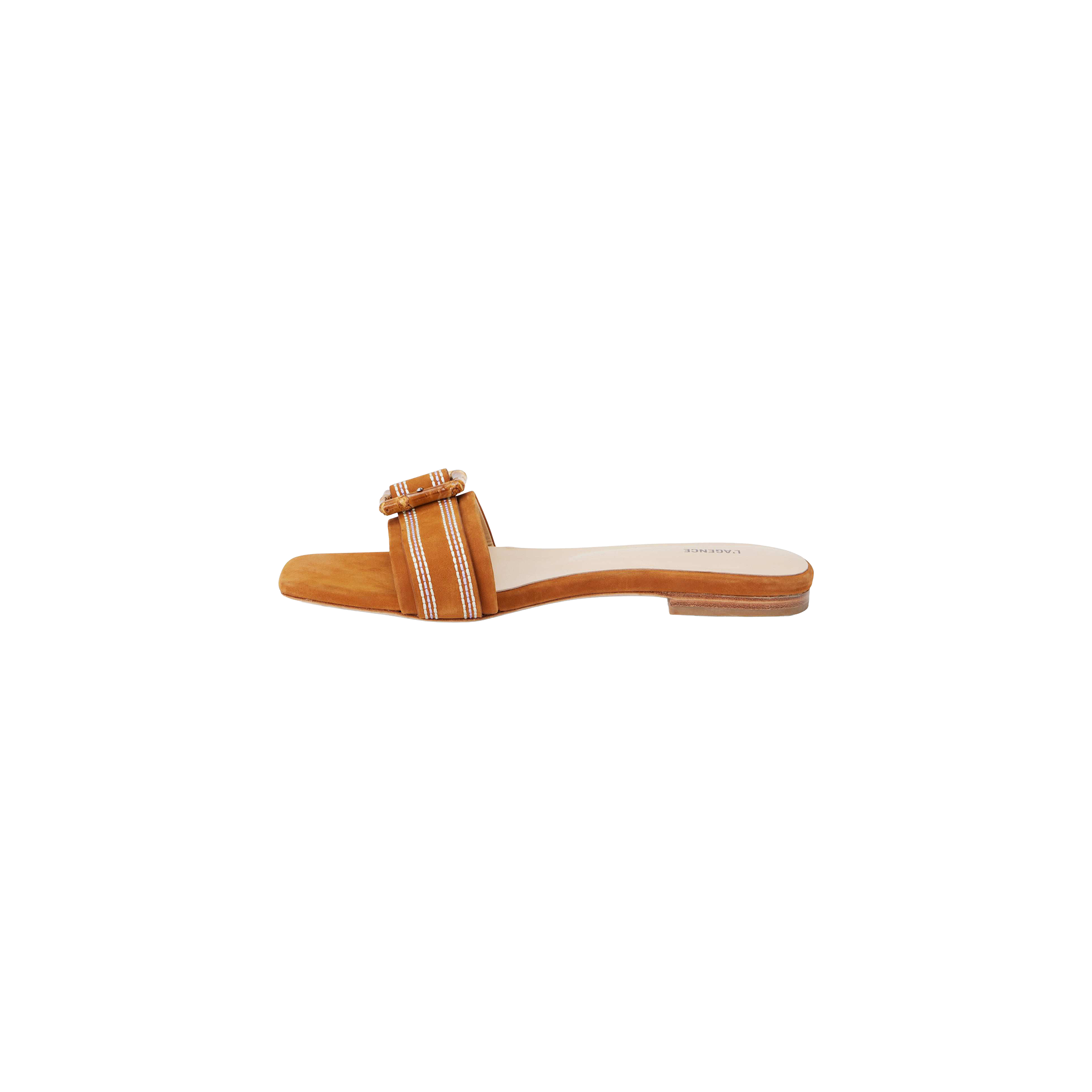 The Aurelie Buckle Sandal is a square-toed sandal with a tan sole, showcasing a wide orange strap accented by white stripes and finished with a bamboo buckle detail across the foot.