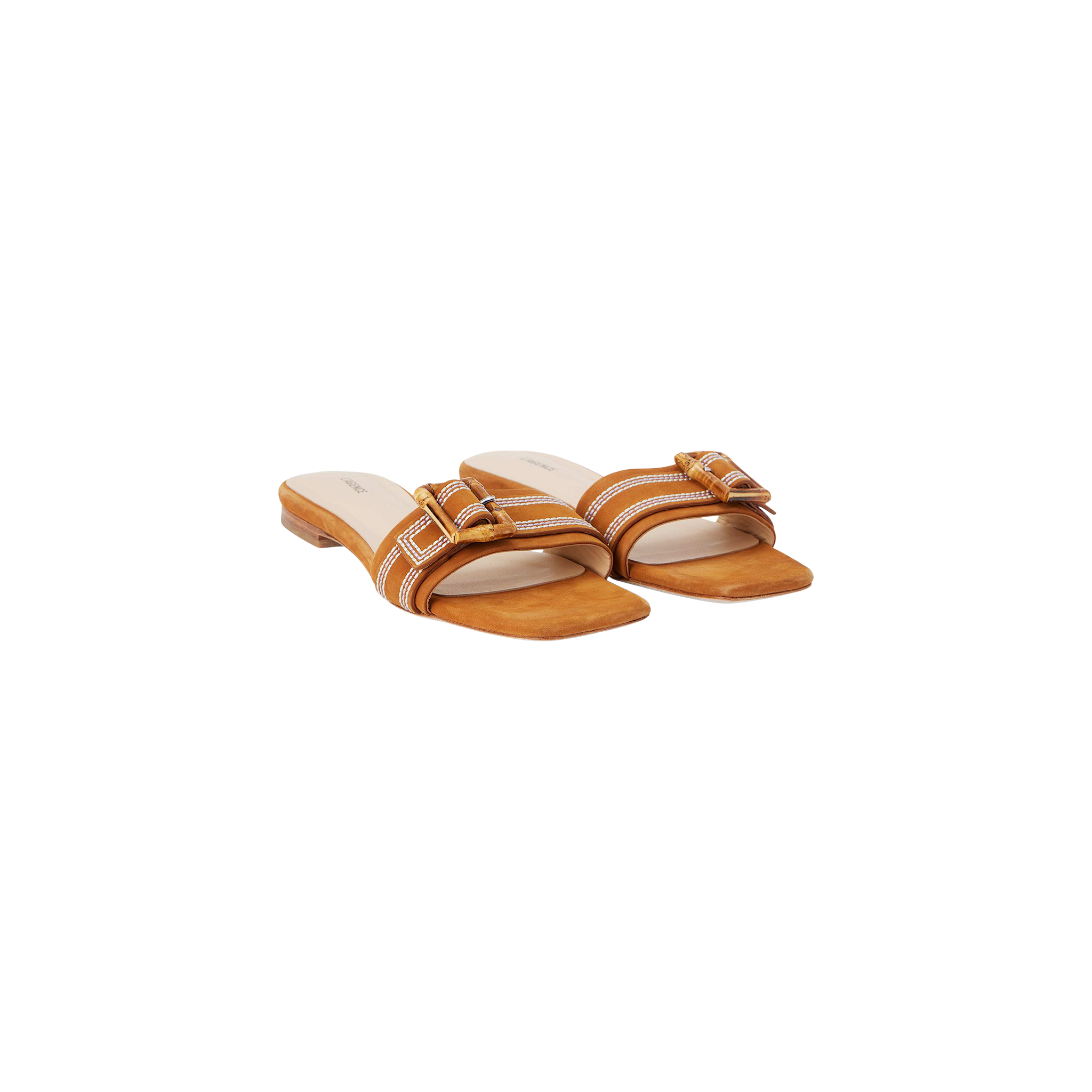 The Aurelie Buckle Sandal is a pair of tan square-toed sandals featuring brown straps and gold bamboo buckles, displayed on a plain white background.