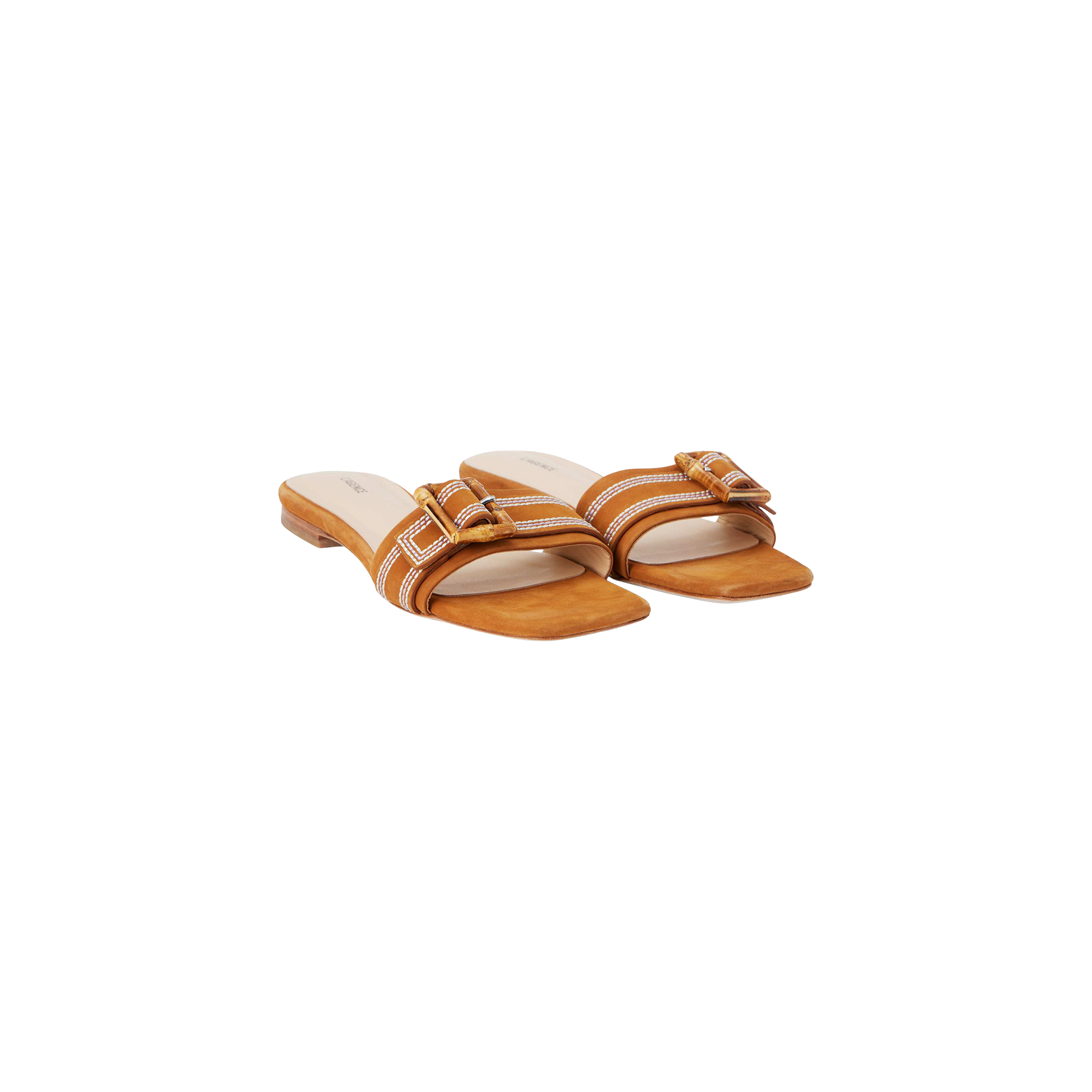 The Aurelie Buckle Sandal is a pair of tan square-toed sandals featuring brown straps and gold bamboo buckles, displayed on a plain white background.