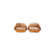 The Aurelie Buckle Sandal, a pair of brown suede slide sandals featuring bamboo buckles and white stitching, is shown from the front on a plain white background.