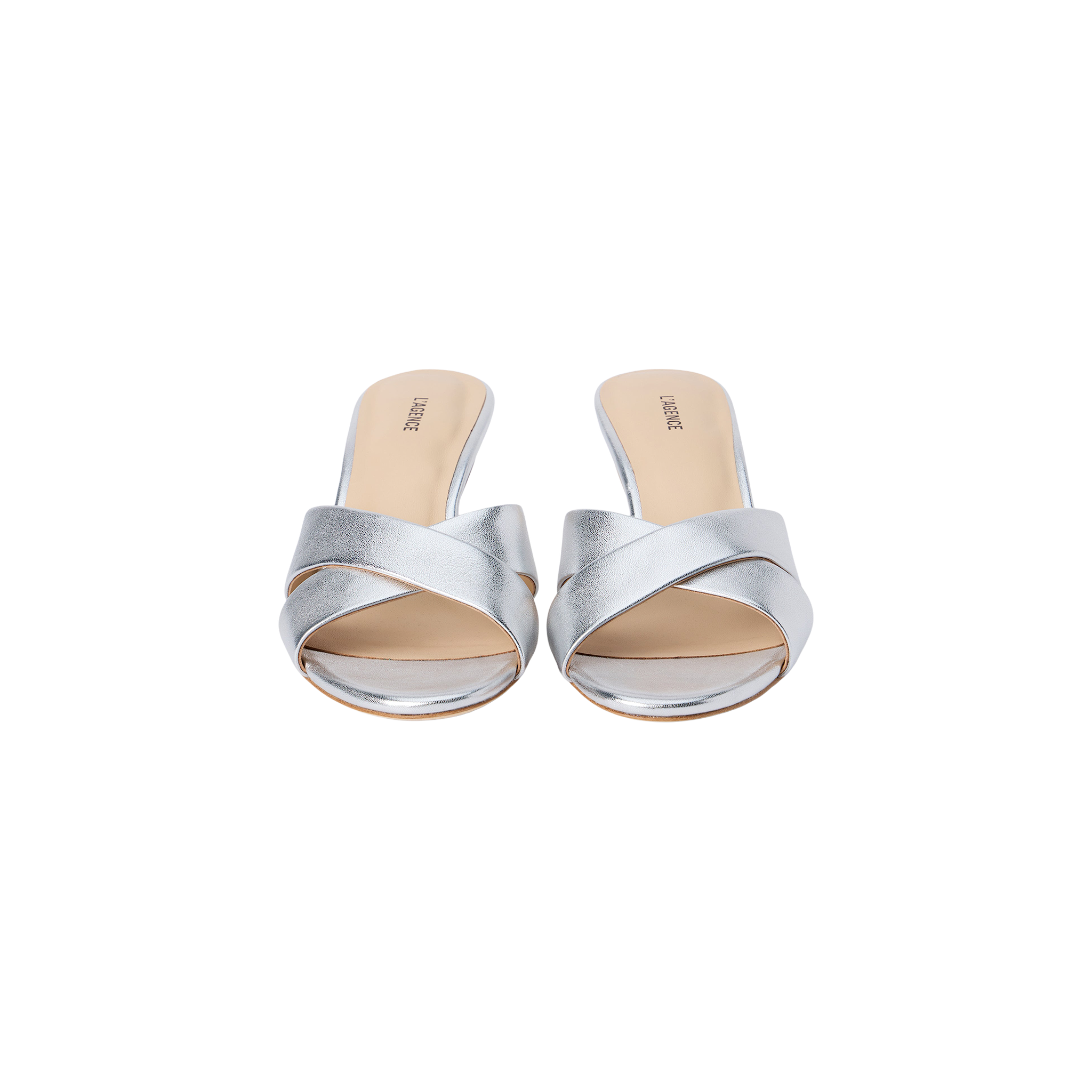 A pair of Aveline Kitten-Heel Sandals in silver metallic leather, featuring an open toe, strappy vamp, and beige insoles, displayed against a white background.