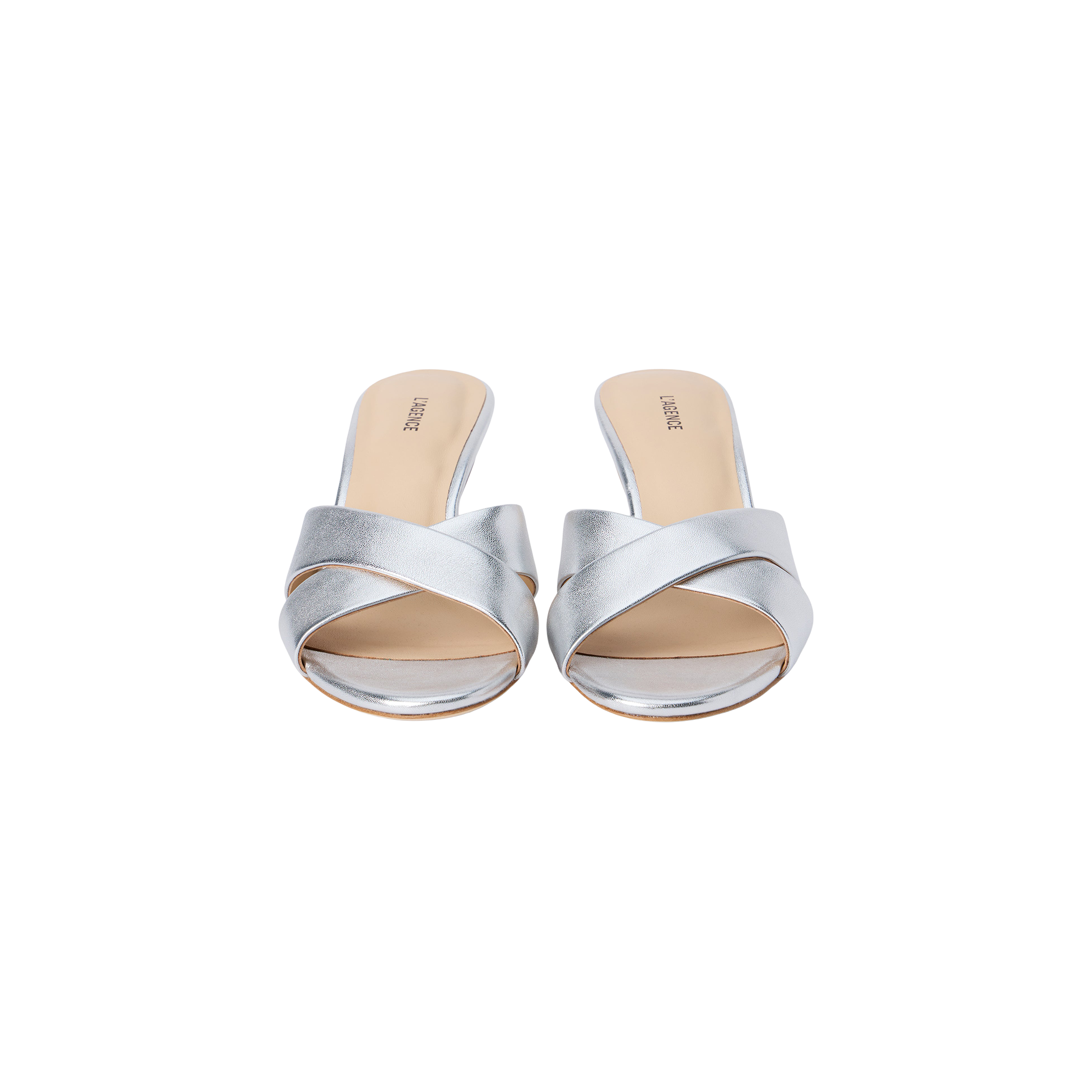 A pair of Aveline Kitten-Heel Sandals in silver metallic leather, featuring an open toe, strappy vamp, and beige insoles, displayed against a white background.