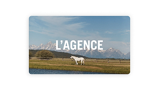 Un cheval blanc se tient sur lherbe près dun étang, avec des montagnes et une clôture en arrière-plan. Les mots « LAGENCE Gift Card » apparaissent en gros caractères dans le ciel, invitant les internautes à faire des achats pour eux-mêmes ou à faire plaisir à un être cher grâce à des cartes-cadeaux envoyées par e-mail.