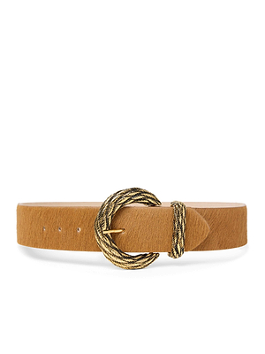The Adelle Belt is a tan suede handcrafted belt featuring a textured gold-plated buckle and a twisted rope loop, shown against a white background.