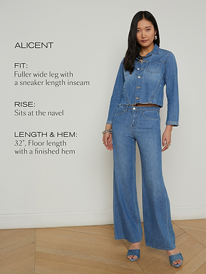 A woman wearing a denim jacket and matching wide-leg jeans stands on a wooden floor. Text beside her describes the fit, rise, and length of the jeans: fuller wide leg, navel rise, and 32-inch floor-length finished hem.