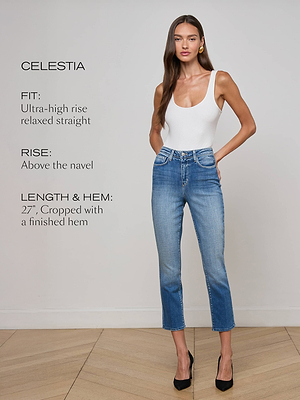 A woman wearing a white sleeveless bodysuit and ultra-high rise, straight cropped blue jeans stands against a plain wall. Text describes the jeans fit, rise, and hem details. She wears black heels.