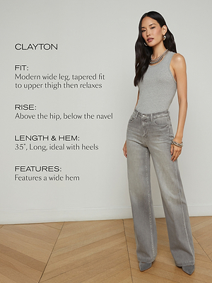 A woman wearing a gray sleeveless top and wide-leg gray jeans stands on a wooden floor. Text beside her describes the jeans fit, rise, length, hem, and features.