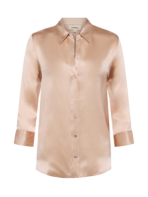 The Dani Silk Blouse is a light beige charmeuse top with a collar, button-down front, and elegant long sleeves, shown against a plain white background.