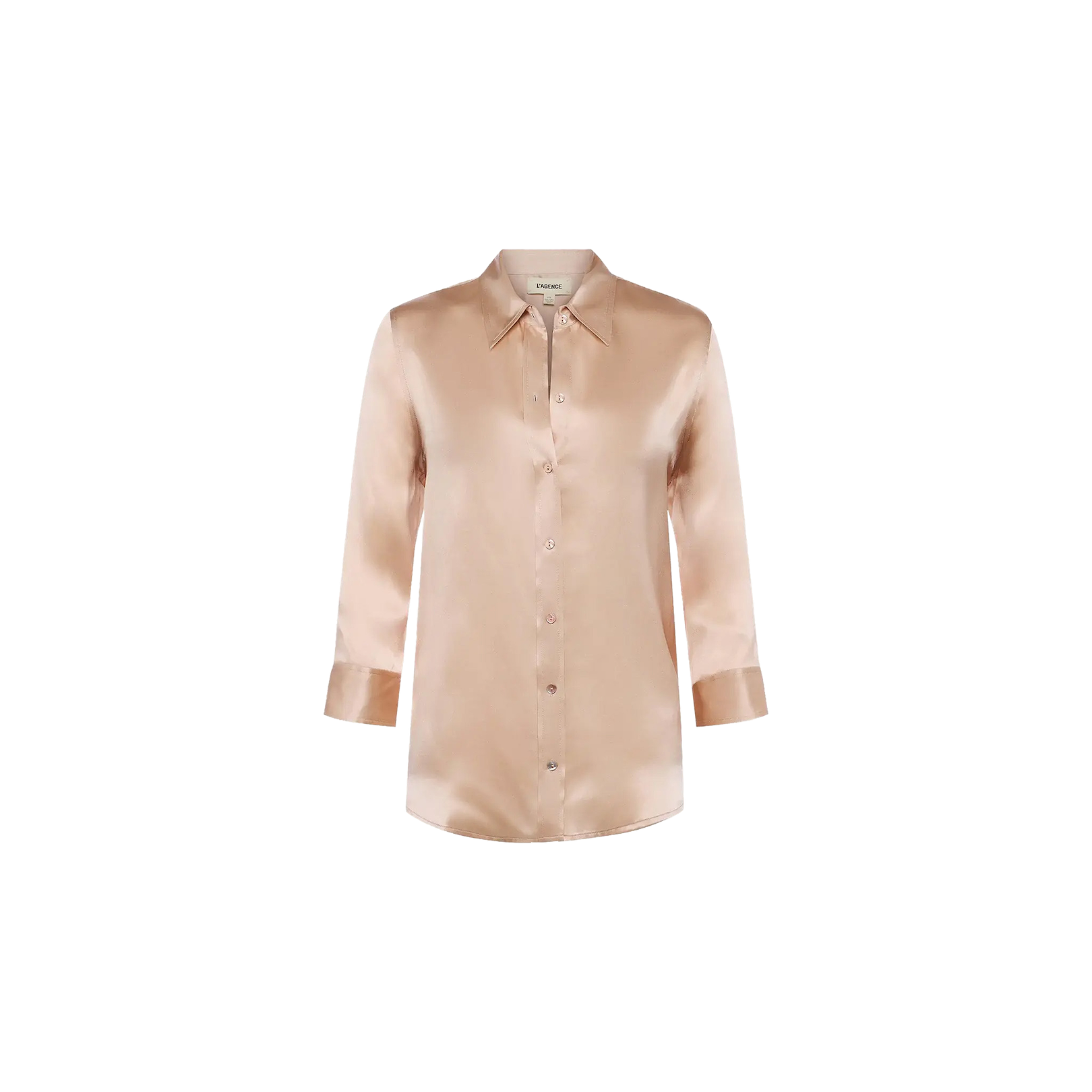 The Dani Silk Blouse is a long-sleeve, light champagne-colored silk charmeuse button-up shirt with a collar, shown against a plain white background.